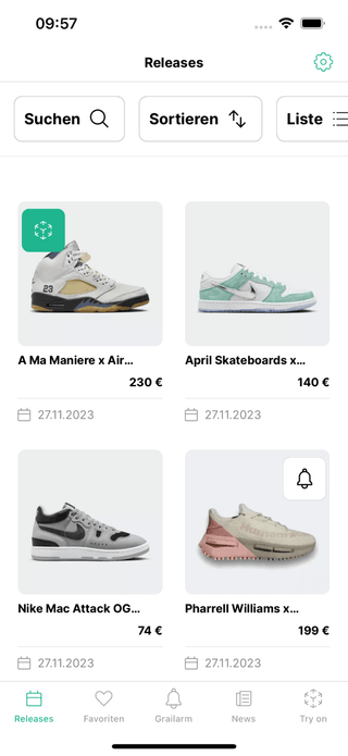 Abbildung der Grailify-App, mit der die Nutzer neue Sneaker-Versionen entdecken können. Enthält auch Funktionen wie Favoriten, Alarm und News.