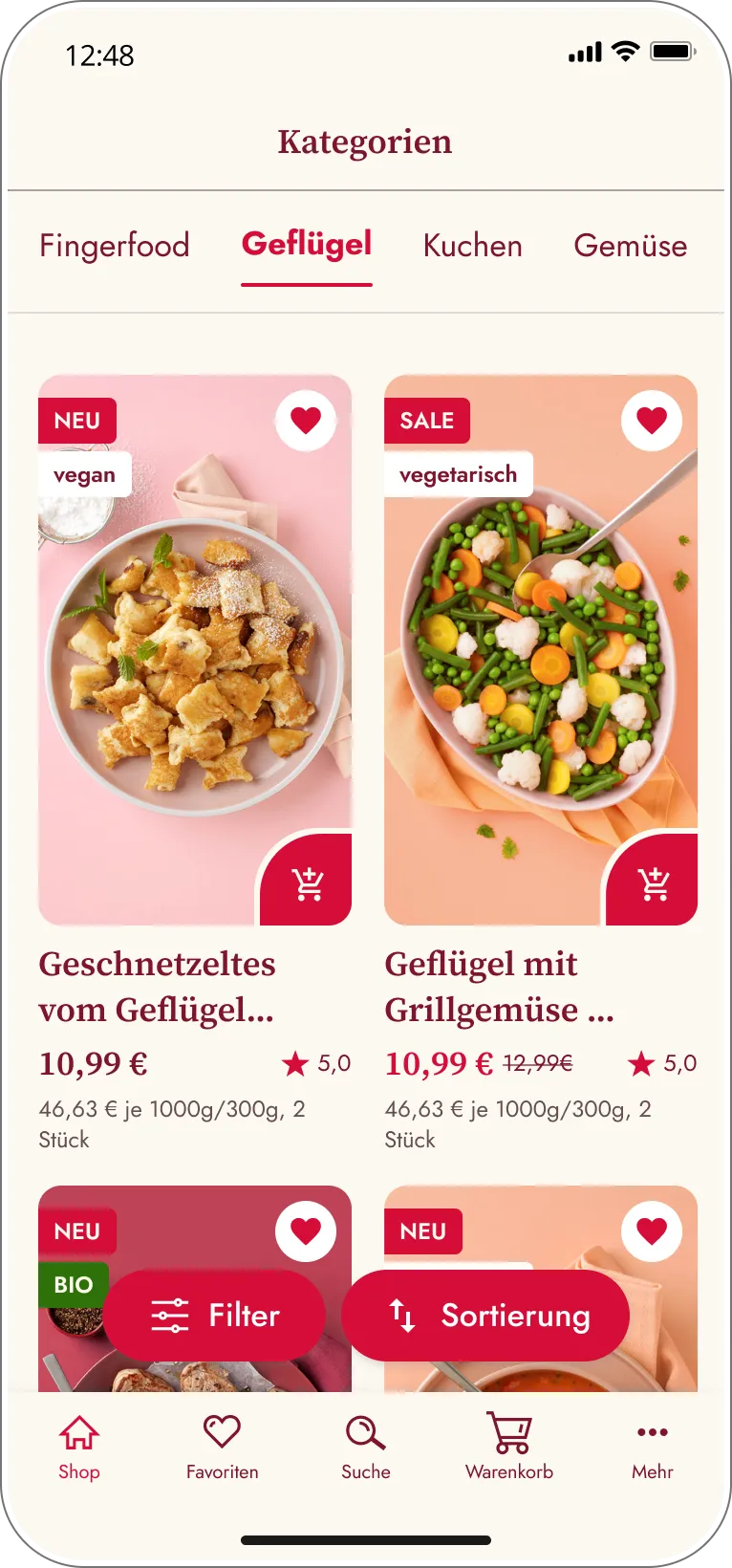 Produktübersicht in der Eismann App mit Filter und Sortierung.