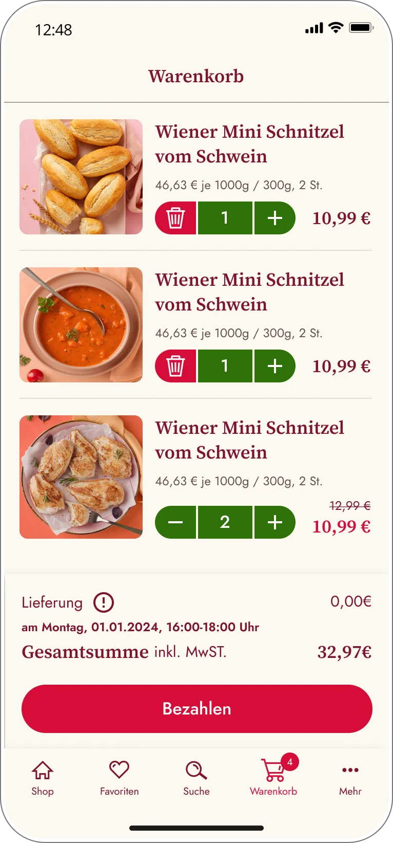 Warenkorbansicht der Eismann App mit Mengensteuerung, Preisübersicht und direktem Einstieg in den Bezahlprozess.